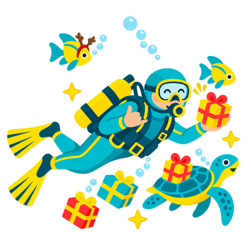 Scuba diver swimming underwater with colorful fish and a sea turtle carrying gifts