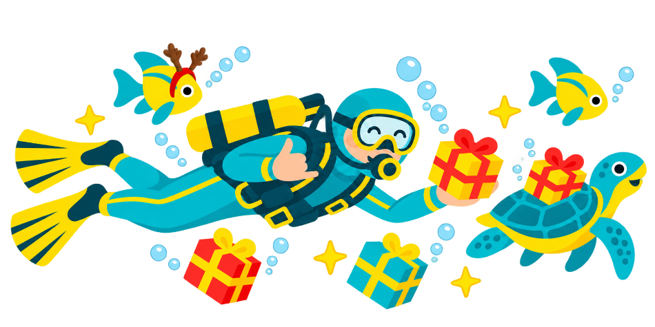 Scuba diver with holiday gifts, fish and a sea turtle