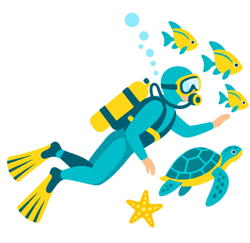 A scuba diver is taking a picture of a sea turtle on a coral reef.