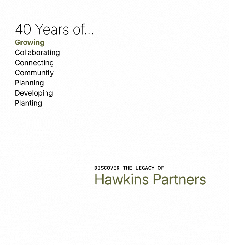 Minimal white cover reading “40 Years of… Hawkins Partners” with a list of activities and “Discover the legacy of” text.