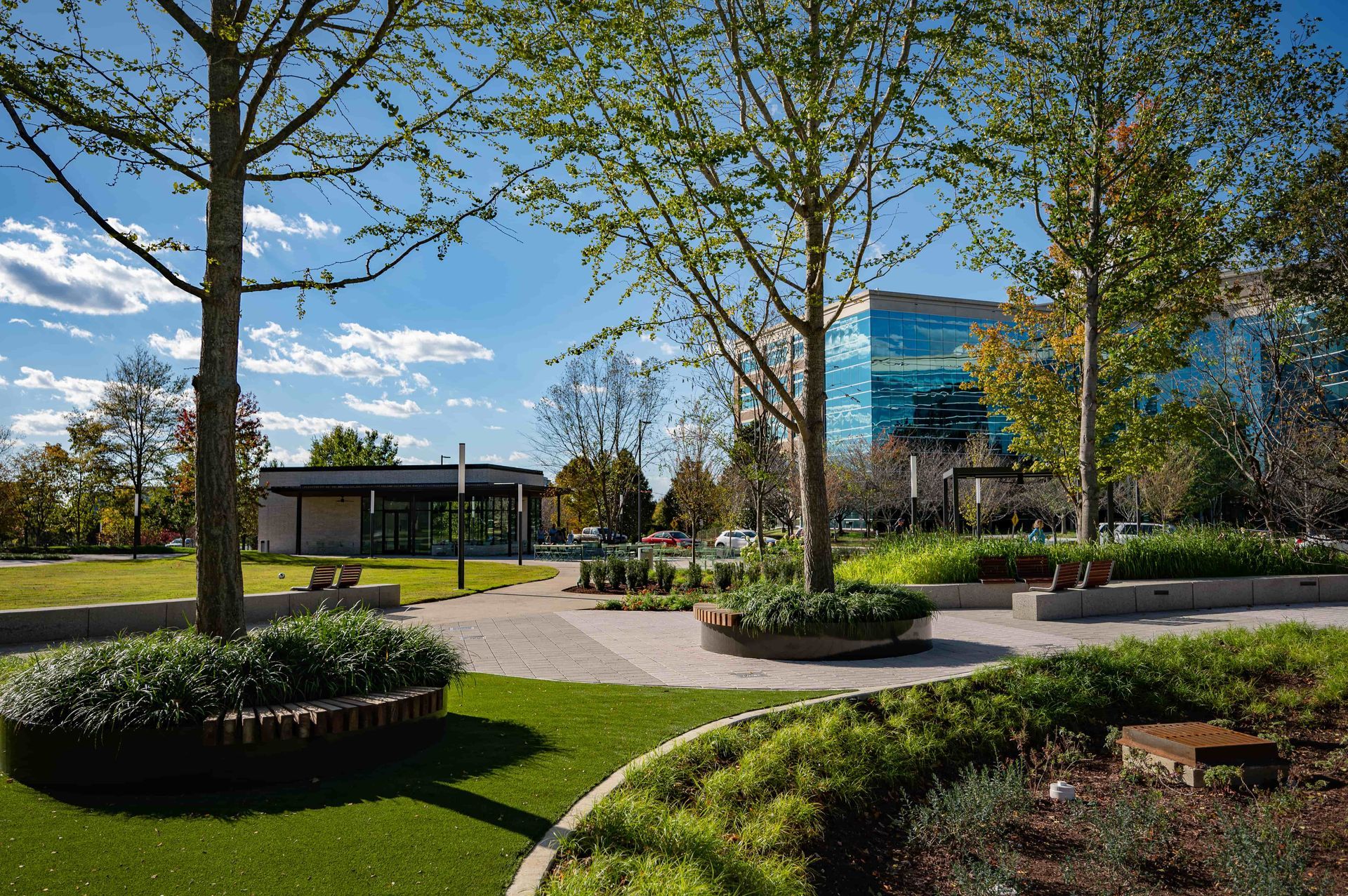 Landscaped office campus with trees, curved paths, and a modern glass building under a blue sky