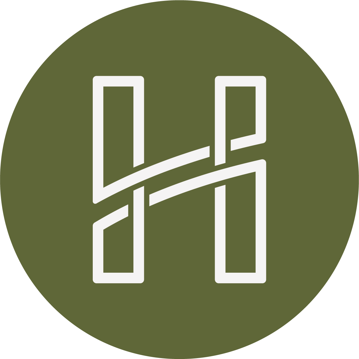 White geometric H logo on an olive-green circle background