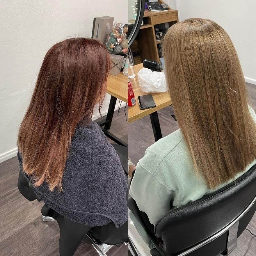 A Before and After Photo of A Woman Getting Her Hair Done in A Salon — Main Hair Design in Armidale, NSW