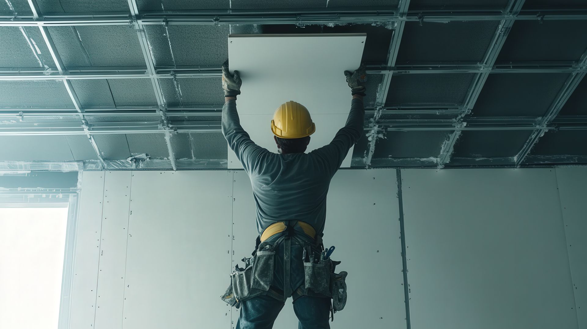 A construction worker is hanging a tile from the ceiling.