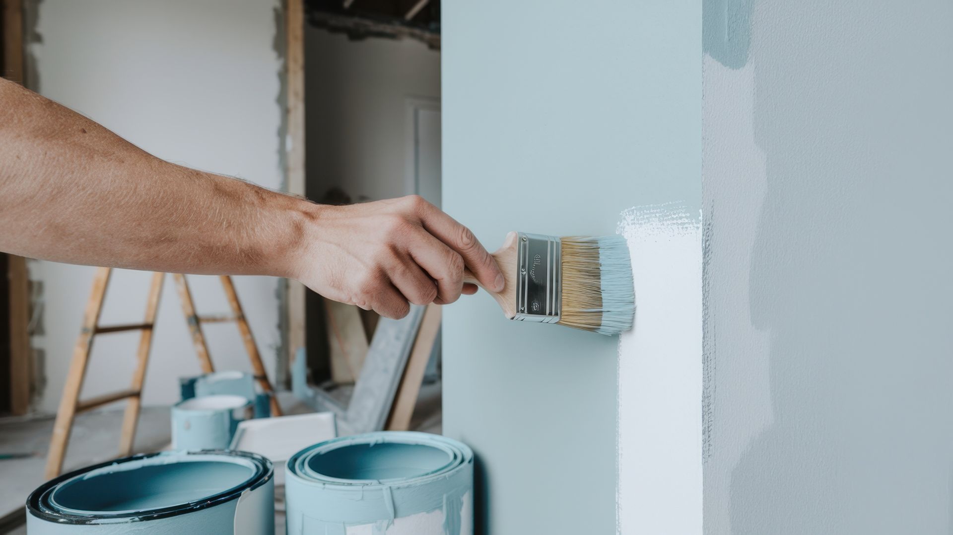 A man is painting a wall with a brush.