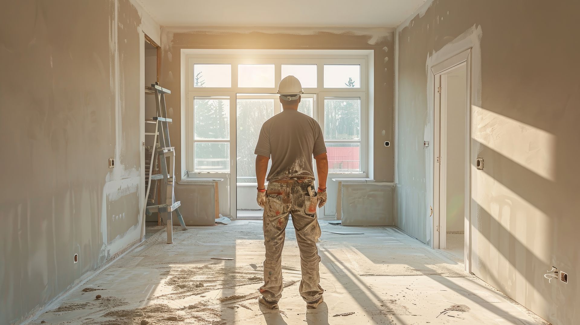 A man in a hard hat is standing in an empty room.