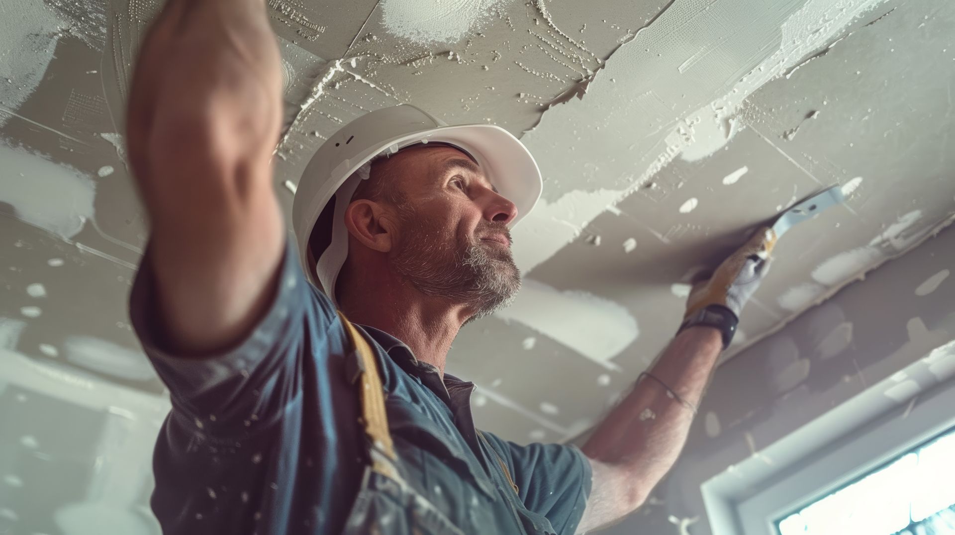 A man is plastering a ceiling with a spatula.