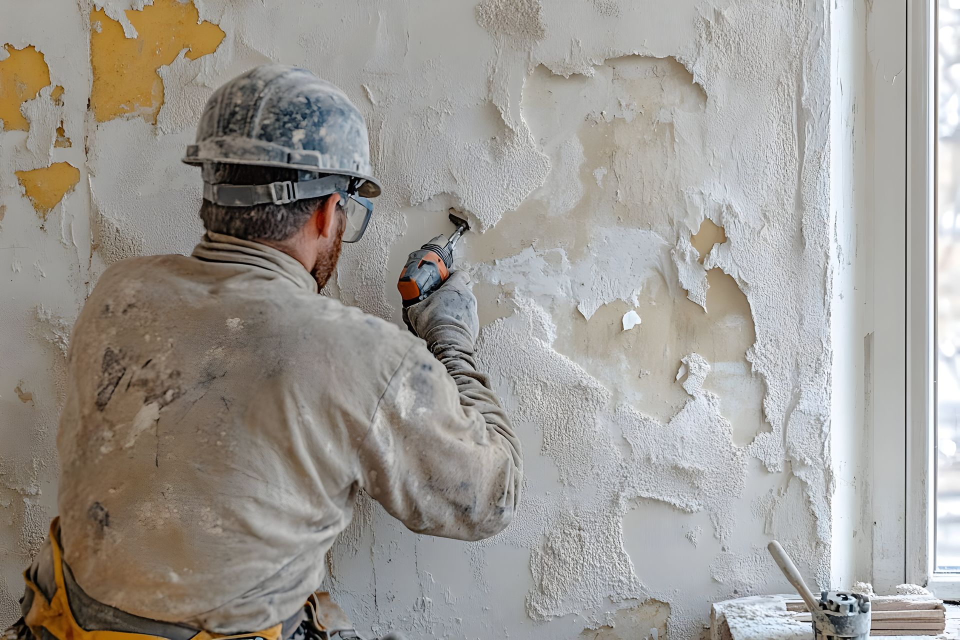 A man wearing a hard hat and safety glasses is plastering a wall.