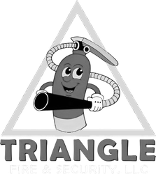 Cartoon fire extinguisher holding hose in a triangle with