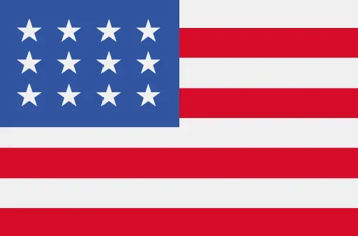 Bandera de los Estados Unidos con 13 franjas rojas y blancas y un cantón azul con estrellas blancas.