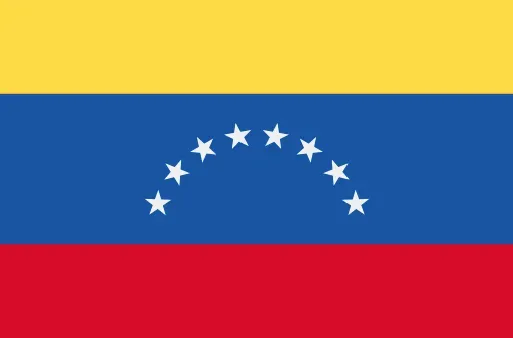 Bandera de Venezuela con franjas amarillas, azules y rojas y un arco de estrellas blancas en el centro.