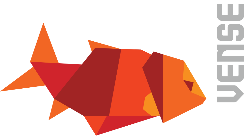 Logotipo geométrico estilizado de pez de color naranja rojizo con texto vertical gris que dice “VEJSE”.