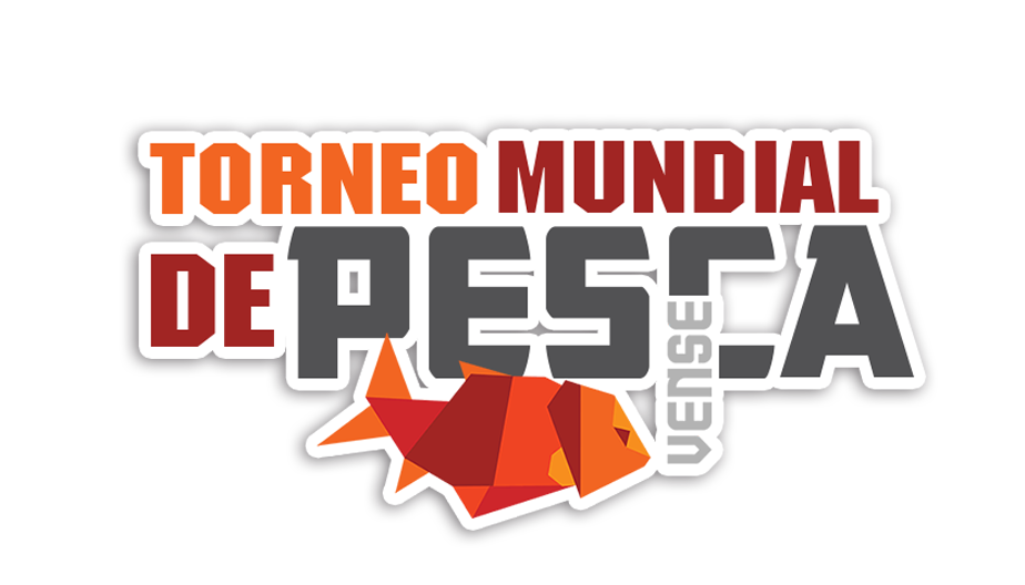 Logotipo de texto Torneo Mundial de Pesca con un gráfico de un pez rojo anaranjado sobre un fondo blanco.