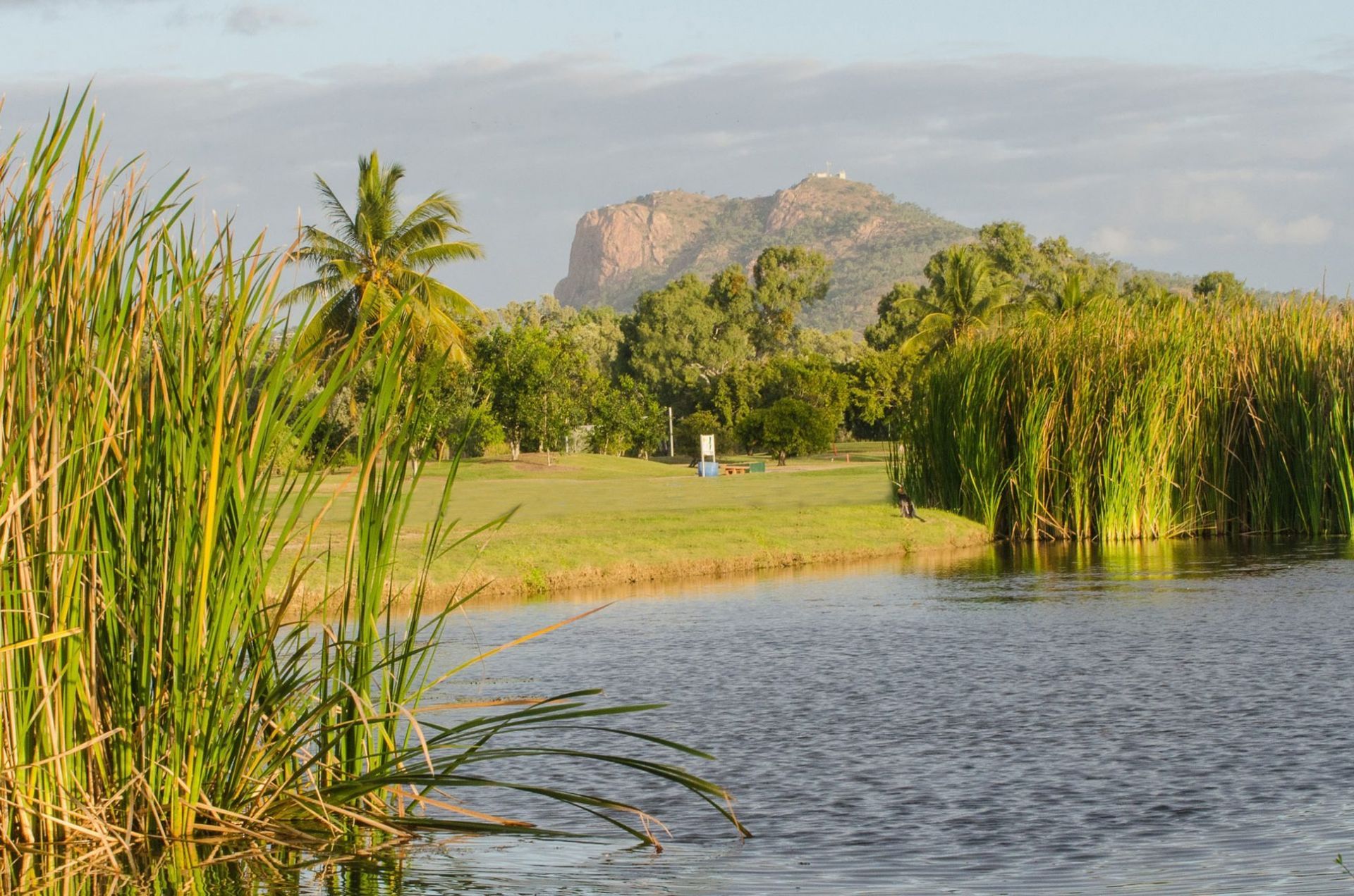 A Lake Surrounded By Tall Grass And Trees With A Mountain In The Background — Rowes Bay Golf Club In Rowes Bay, QLD