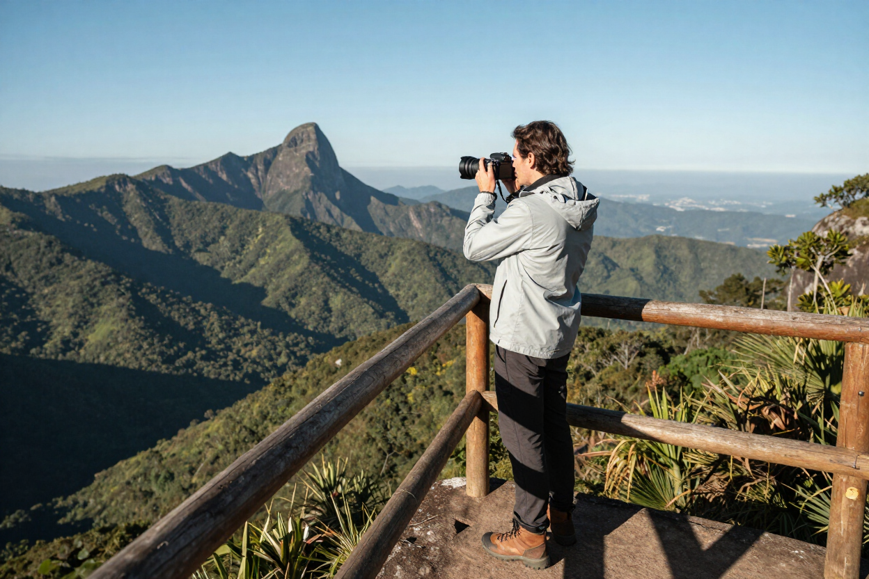 Turista fotografando mirante em Petrópolis