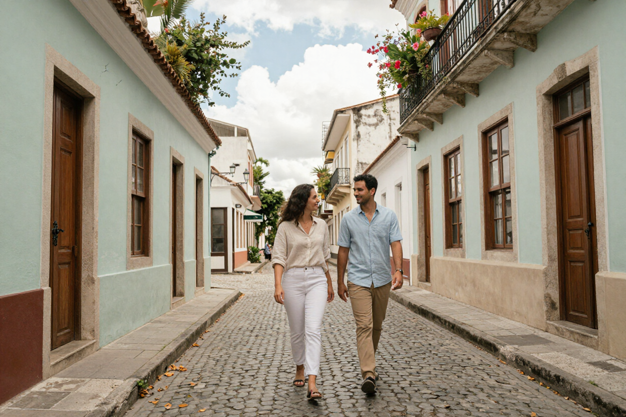Casal caminhando por rua histórica no interior de SP
