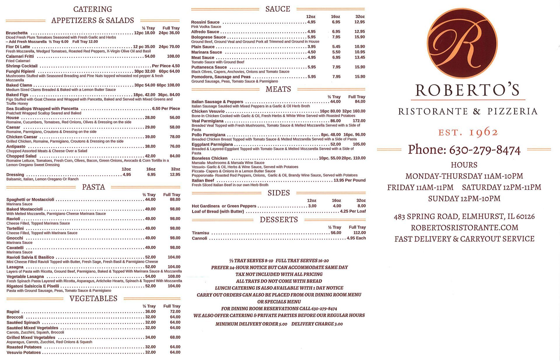 A menu for roberto 's restaurant and pizzeria