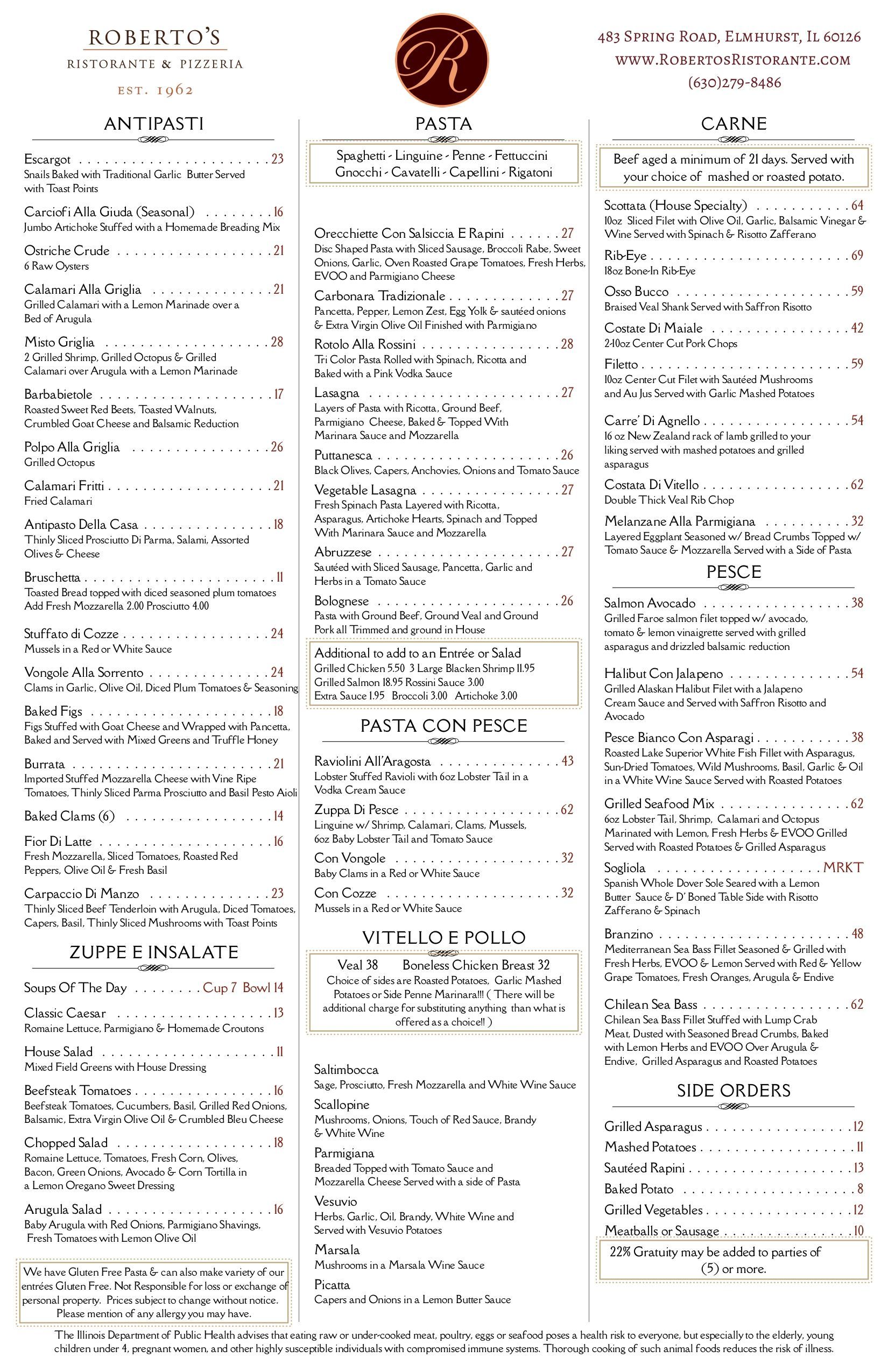 A menu for a restaurant with a lot of food on it.