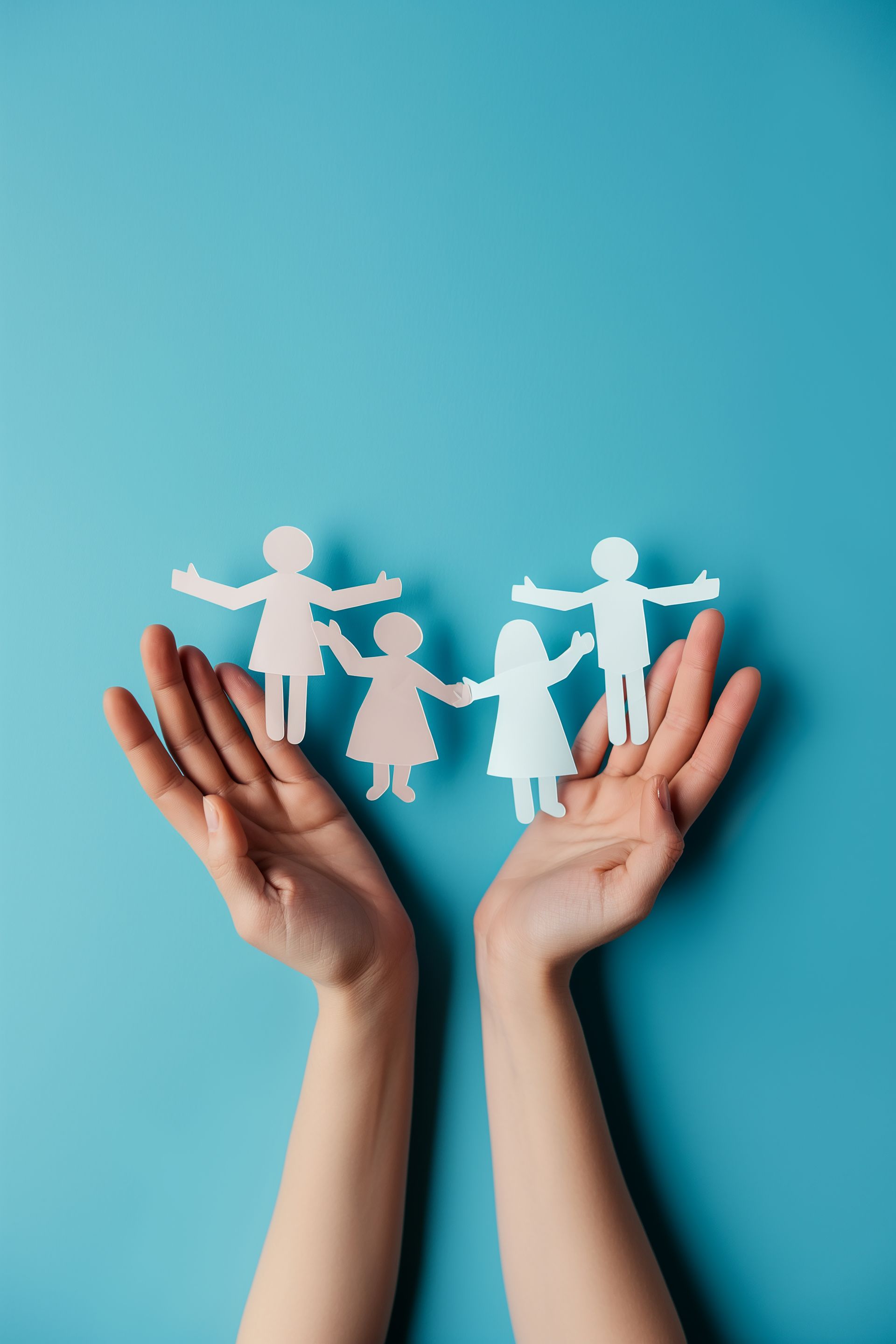 Two hands cupped together against a blue background, holding a chain of four cutout paper figures.