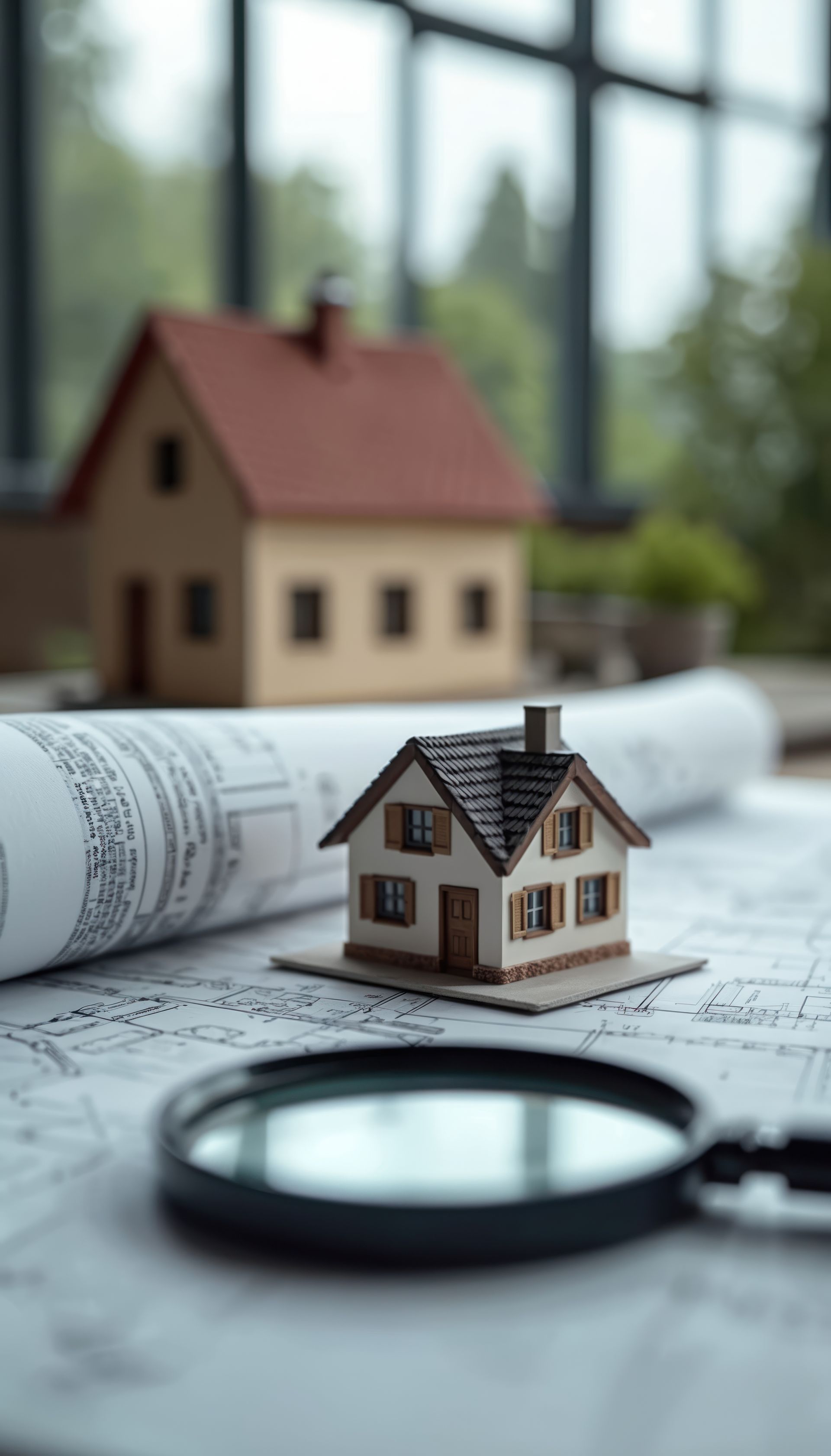 A small house model sits on architectural blueprints next to a magnifying glass, with a larger model house in the background. A small house model sits on architectural blueprints next to a magnifying glass, with a larger model house in the background.