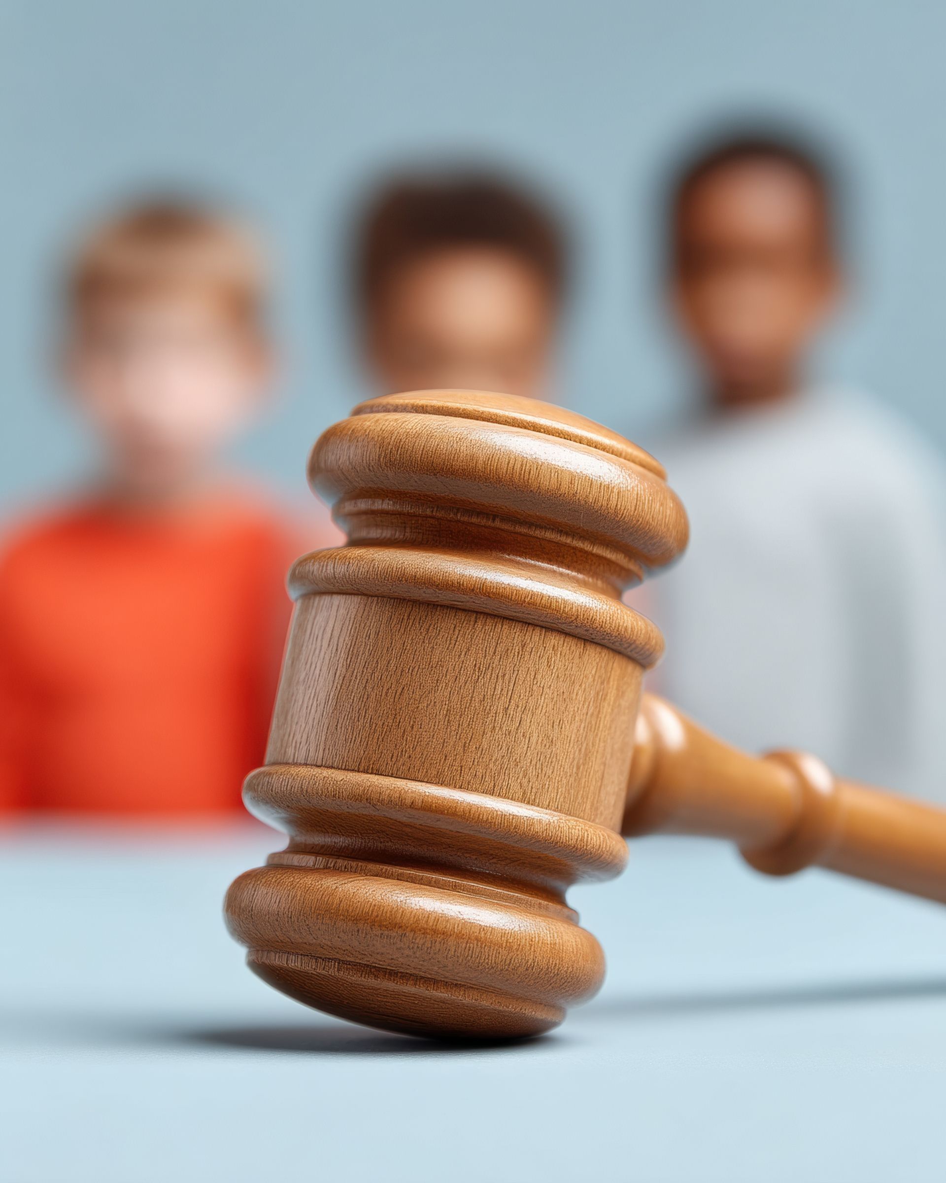 A wooden judge's gavel rests in the foreground, with three blurred, unidentified people standing in the background.