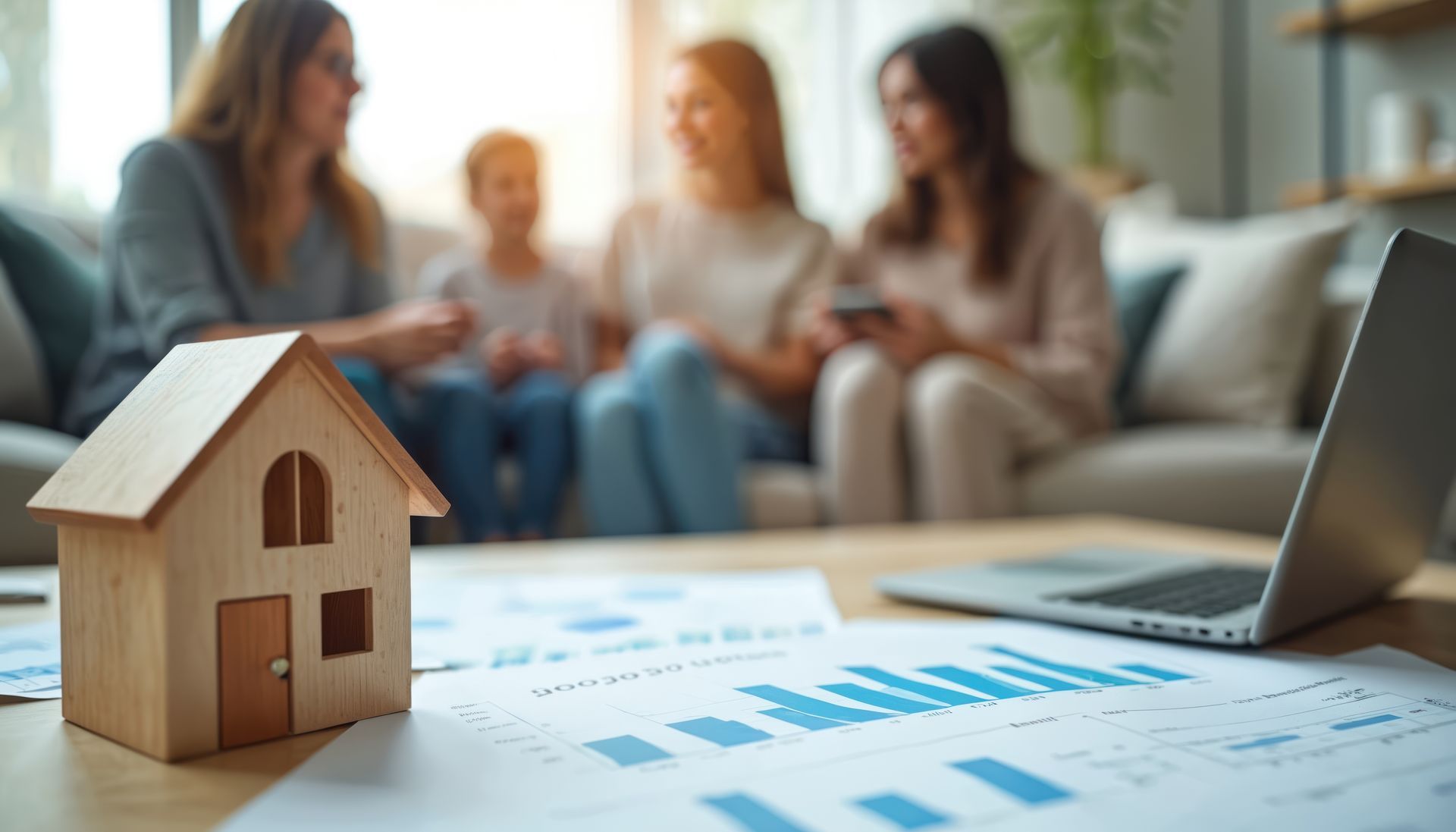 A wooden house model and financial charts on a table, with a blurred group of people sitting on a sofa in the background. A wooden house model and financial charts on a table, with a blurred group of people sitting on a sofa in the background.