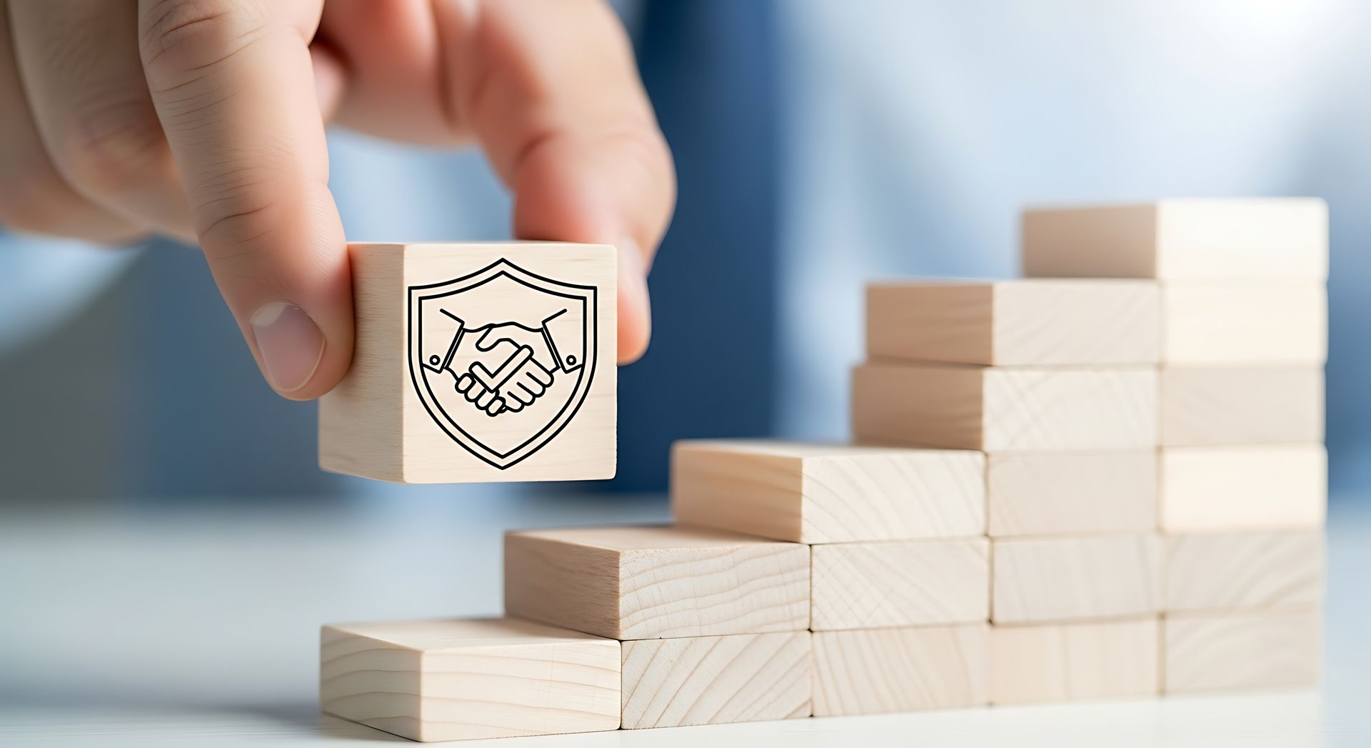 A hand places a wooden block with a shield and handshake icon onto a staircase-shaped stack of wooden blocks.