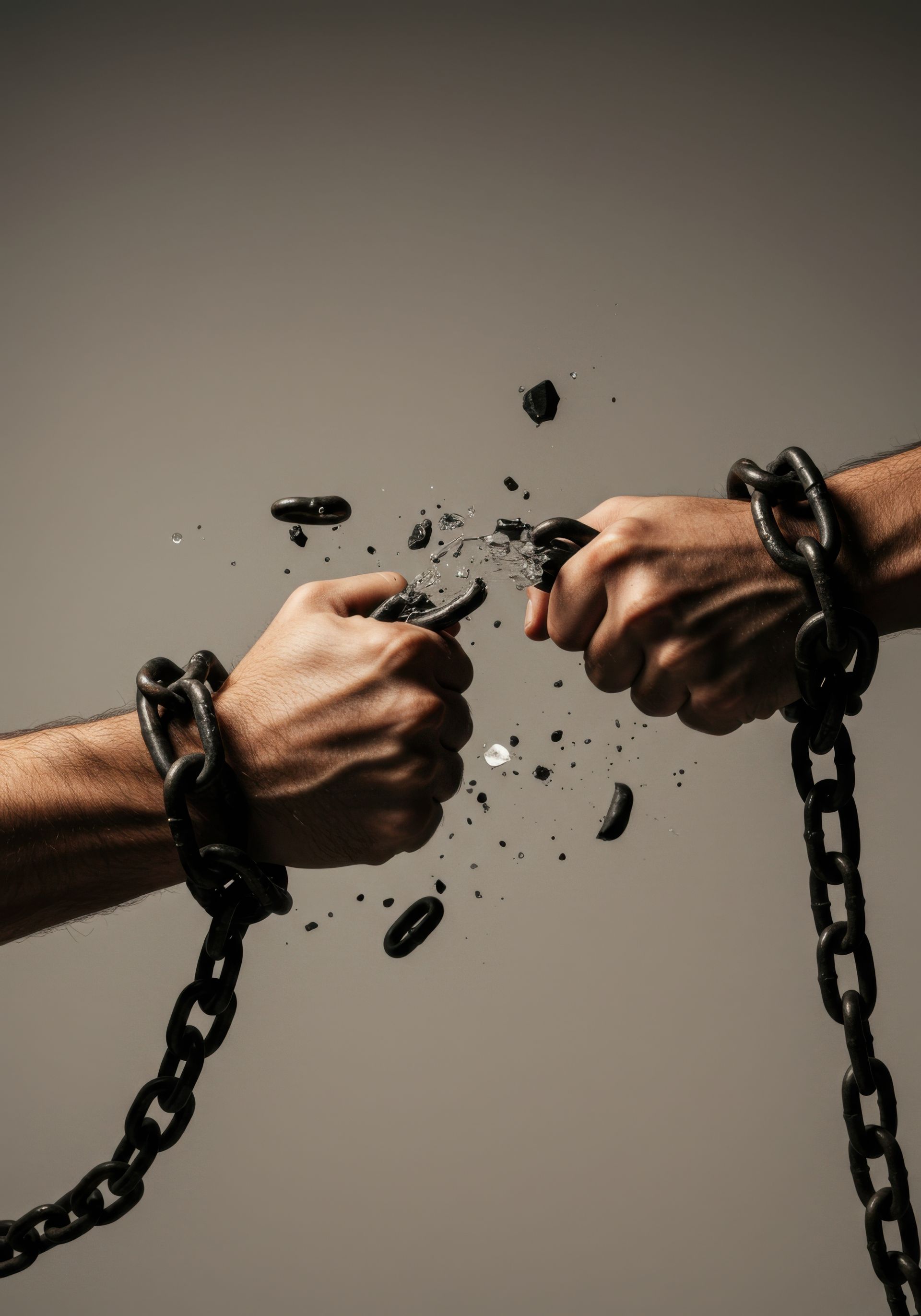 Two hands clenched into fists pull apart, shattering metal chains held at the wrists against a plain background.
