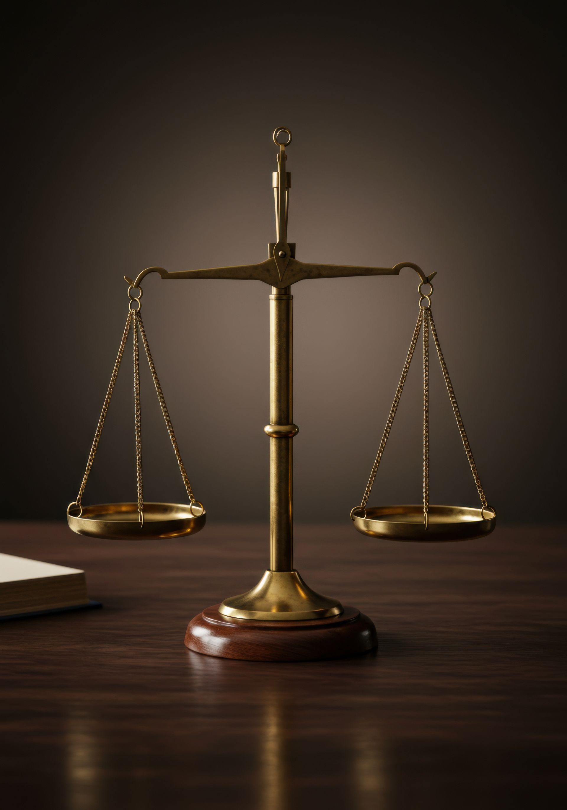 A classic brass balance scale sitting on a dark wooden surface against a moody, shadowed background.