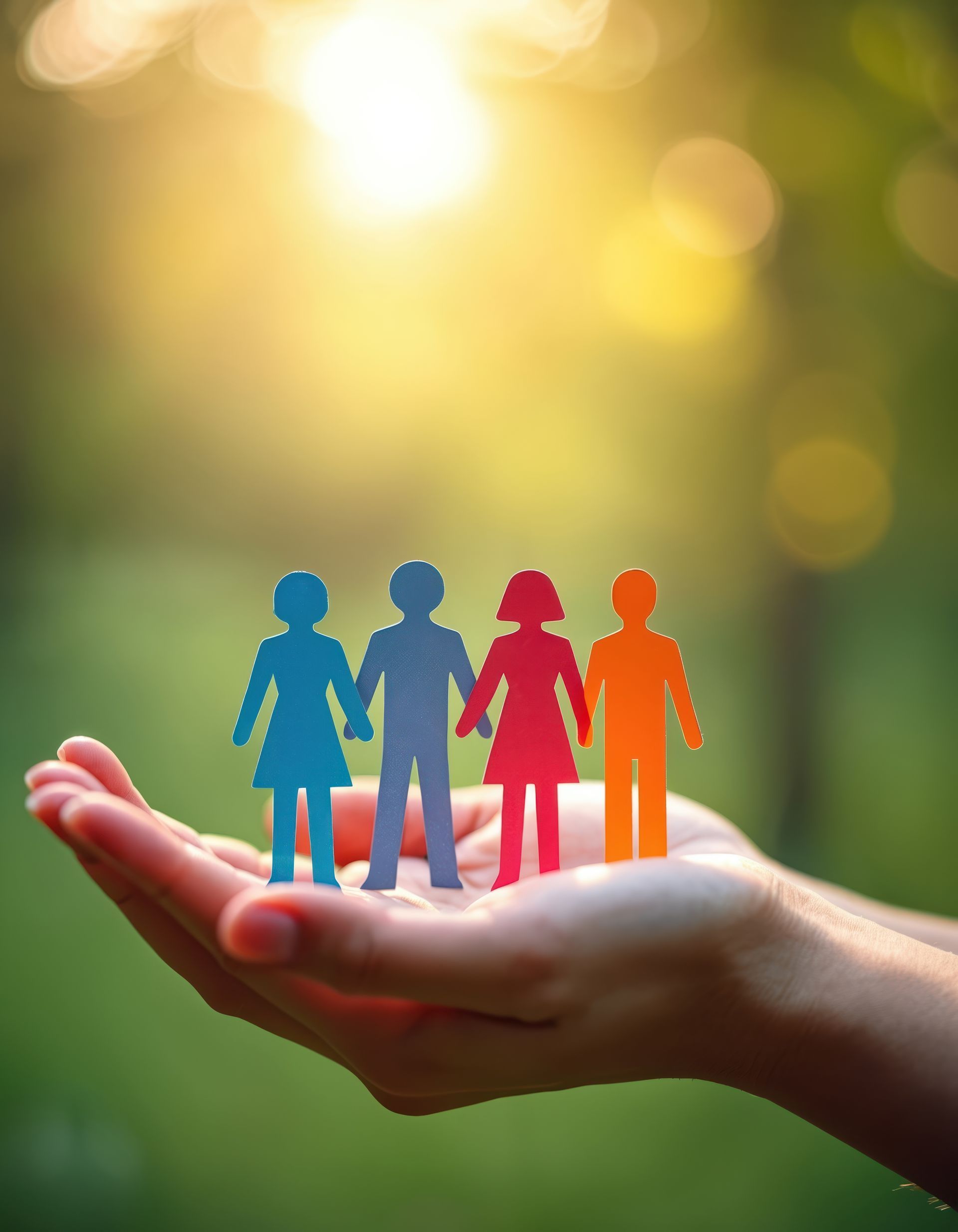Hands cupped together holding four colorful paper cutouts of people against a blurred, sunlit background.
