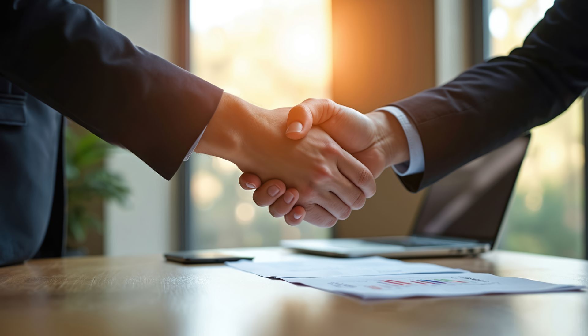 Two professionals in business suits shake hands over a desk with a laptop and documents in a sunlit office.