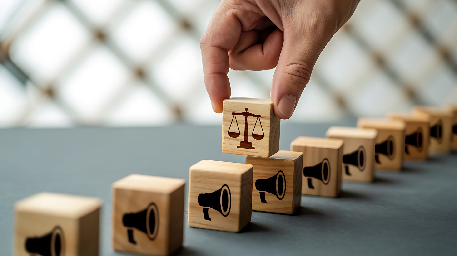 A hand places a wooden block with a scales of justice icon onto a row of blocks featuring megaphone icons.