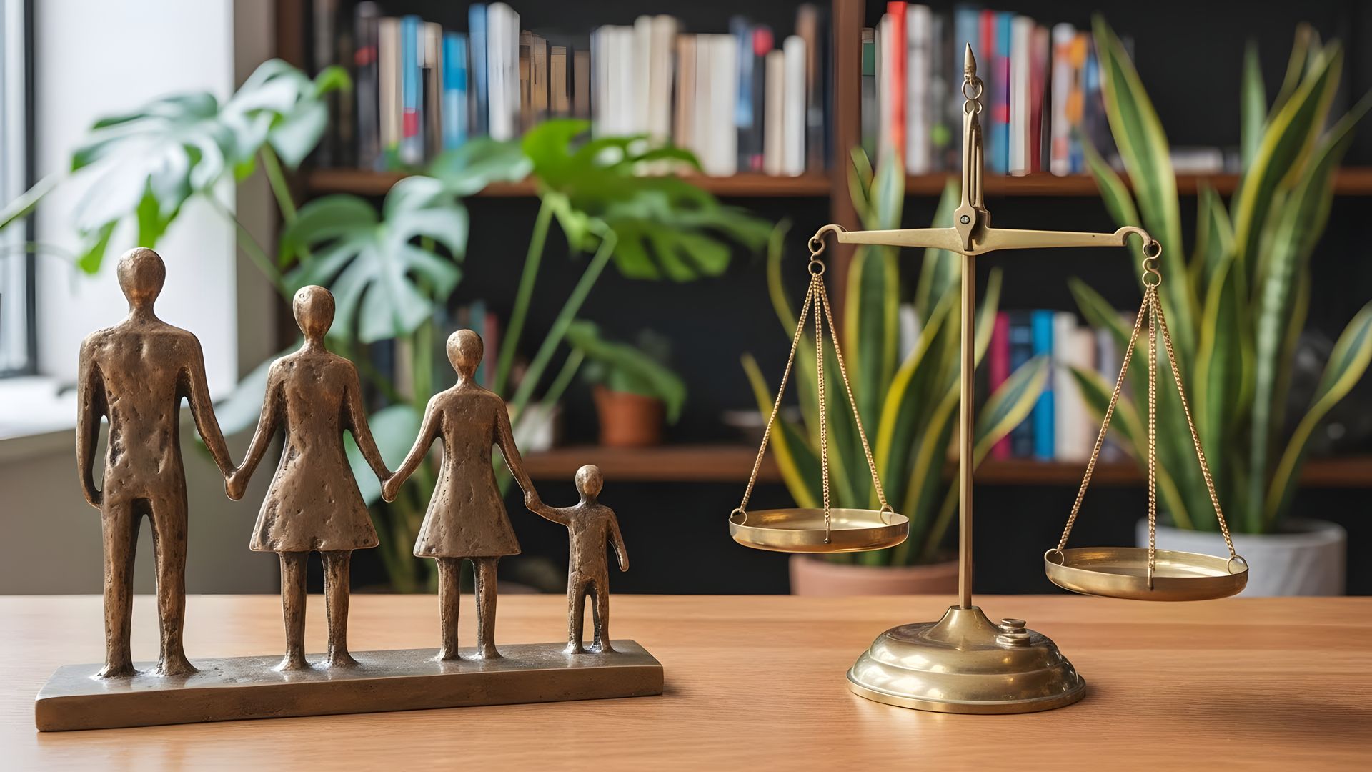 A bronze family figurine and a scale of justice sit on a wooden desk in front of a bookshelf and house plants. A bronze family figurine and a scale of justice sit on a wooden desk in front of a bookshelf and house plants.