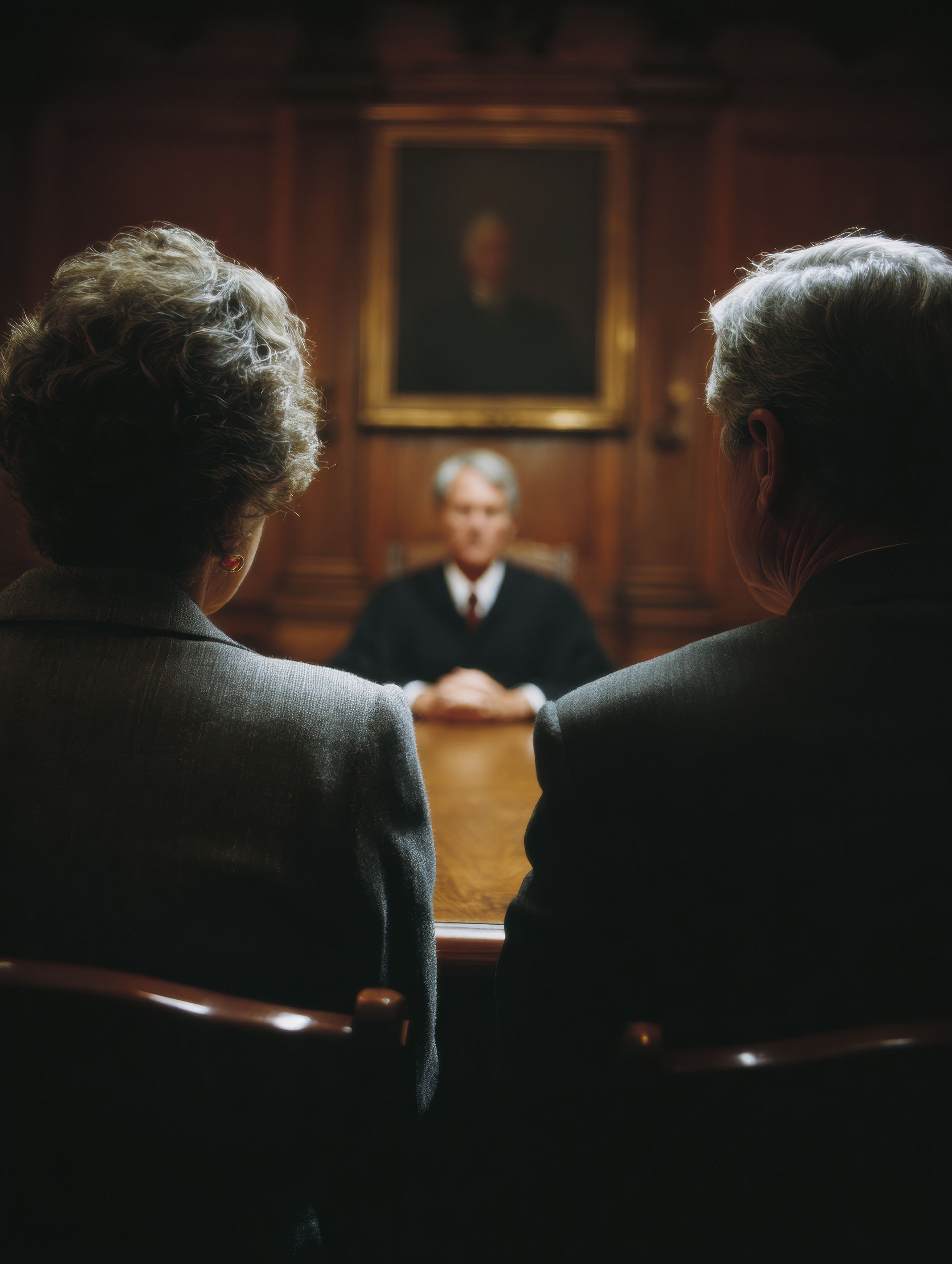 Two people sit in a courtroom, viewed from behind, facing a judge presiding at a wooden desk in a wood-paneled room.