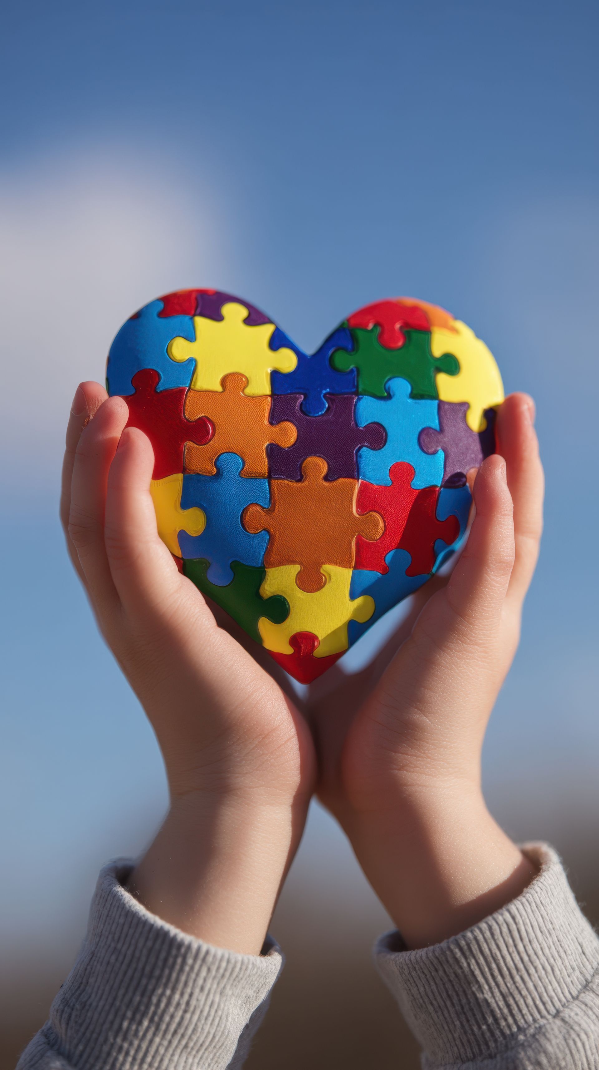 Hands holding a heart made of colorful puzzle pieces against a blue sky background.