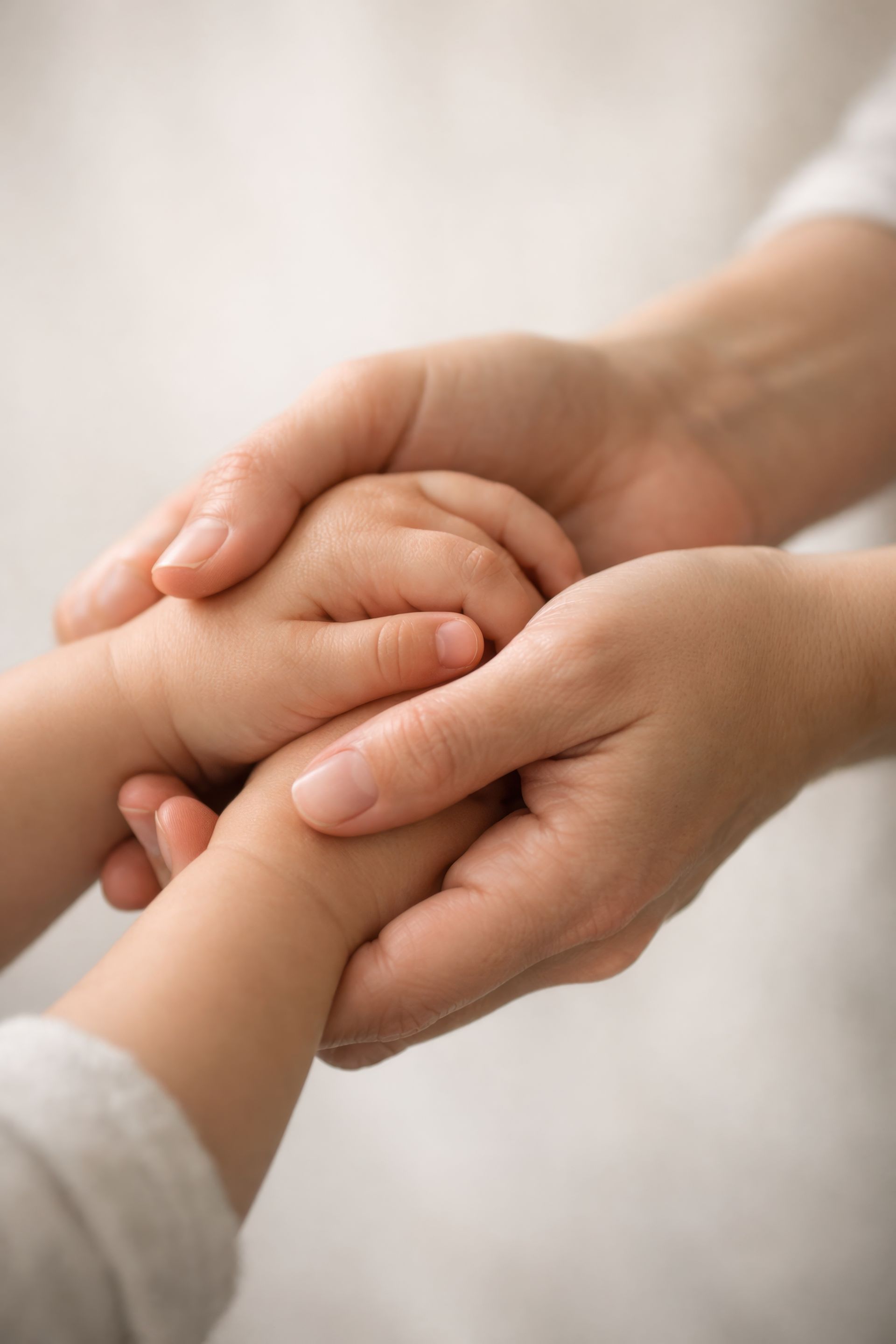 An adult’s hands gently hold a young child’s hands in a gesture of care and comfort.