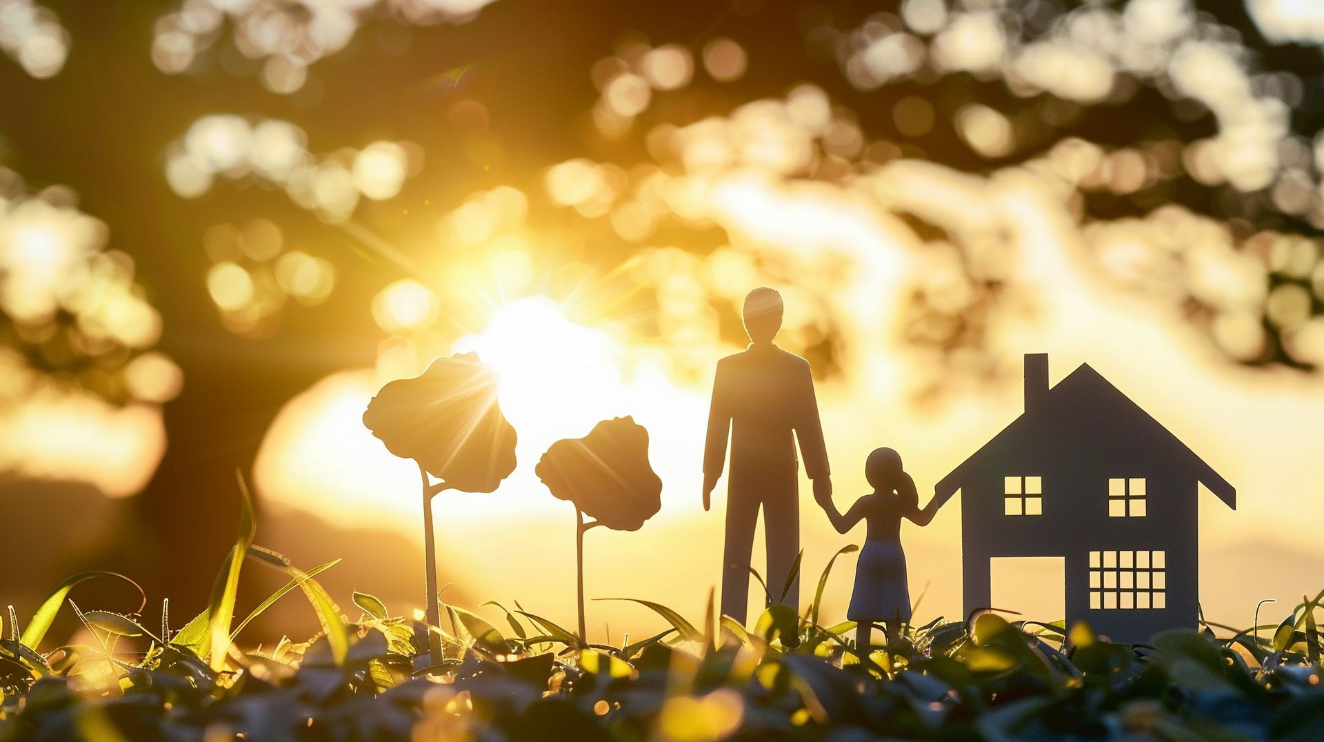 Silhouetted figures of an adult and child standing next to a house cutout in a field at sunset. Silhouetted figures of an adult and child standing next to a house cutout in a field at sunset.