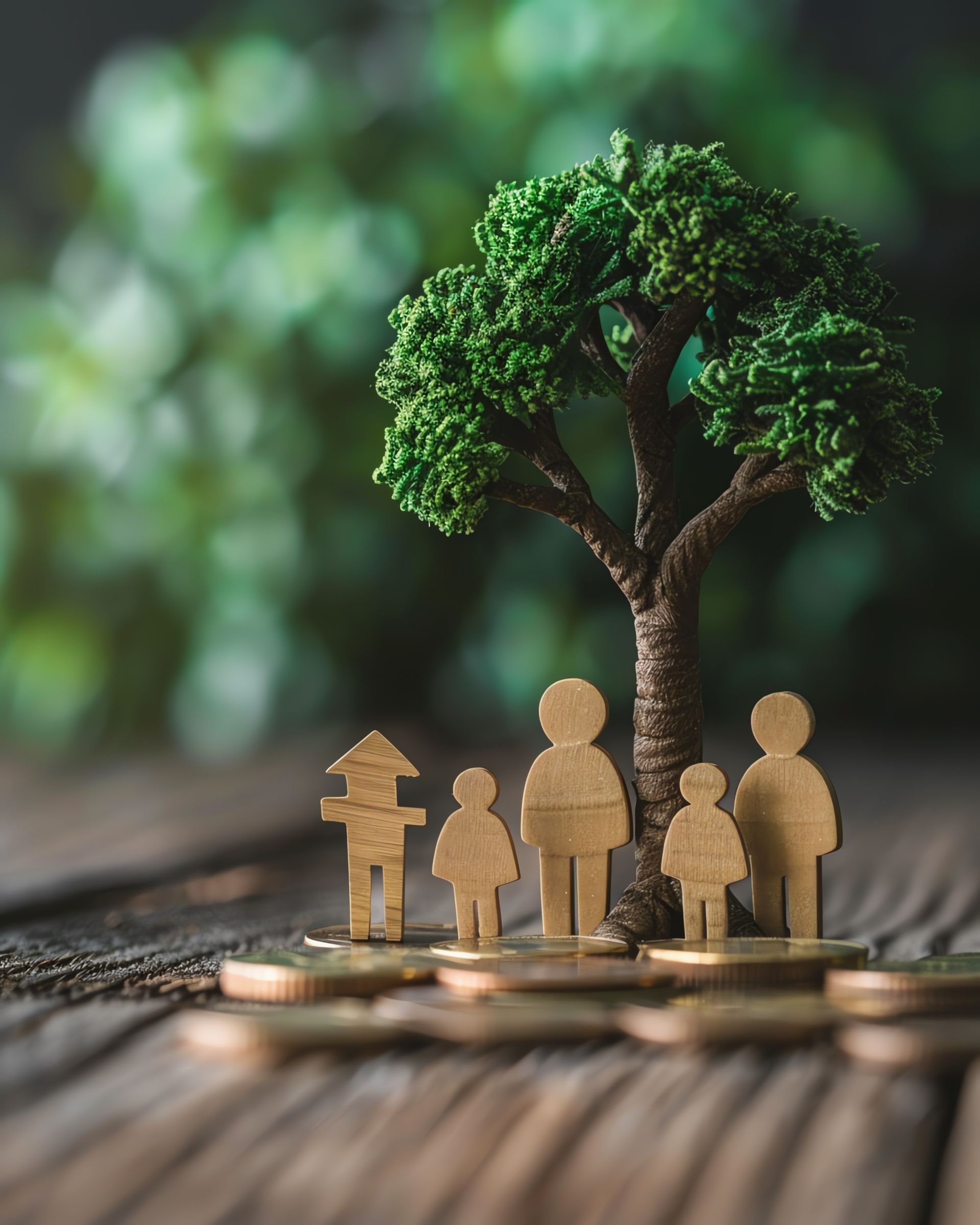 Cardboard cutout figures representing a family stand on a stack of coins in front of a small green tree on a wooden surface. Cardboard cutout figures representing a family stand on a stack of coins in front of a small green tree on a wooden surface.