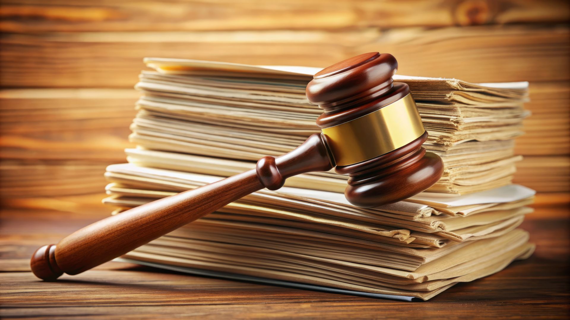 A wooden judge's gavel resting on a thick stack of legal documents against a rustic wood background.