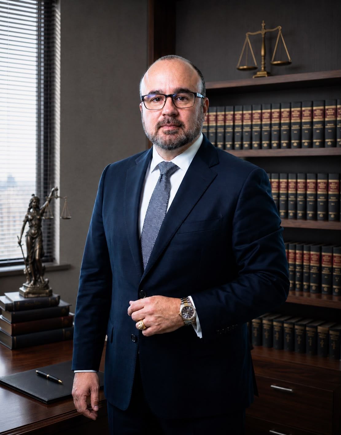 A person in a black suit and blue shirt stands in a wood-paneled courtroom with an American flag and seal in the background.