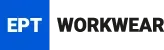 A blue and white logo for ept workwear