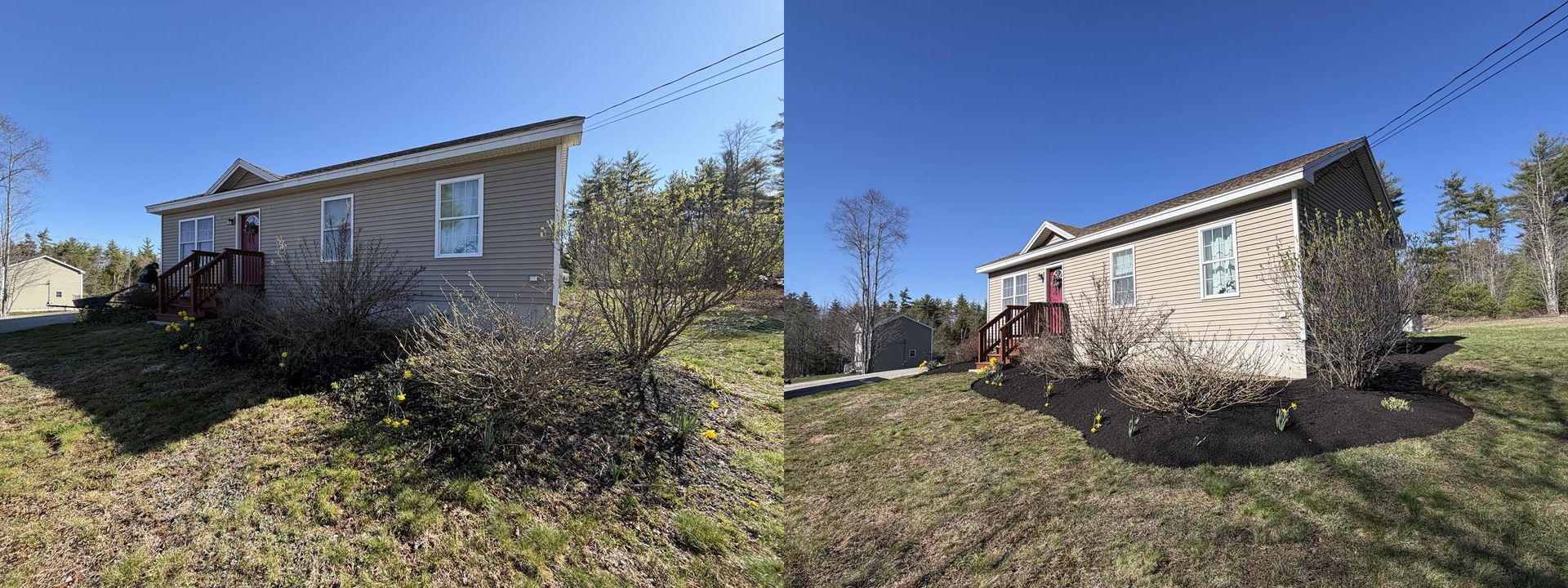 Two beige houses in a dry yard under a clear blue sky, with bushes in the foreground.