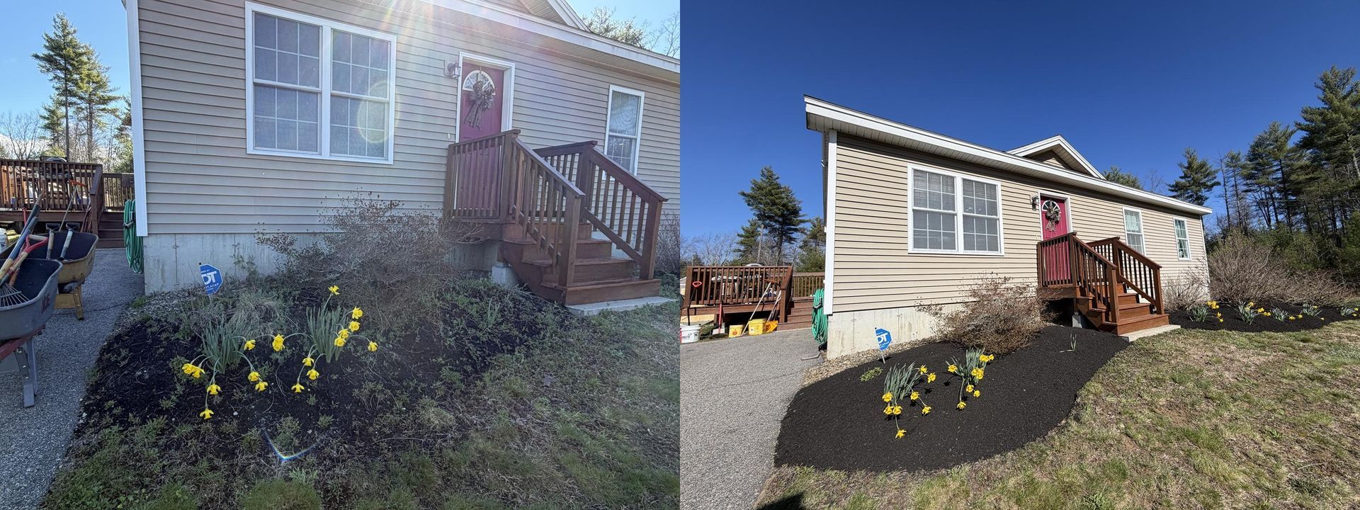 Front of a beige house with a small wooden porch, steps, gravel yard, and yellow flowers under a blue sky