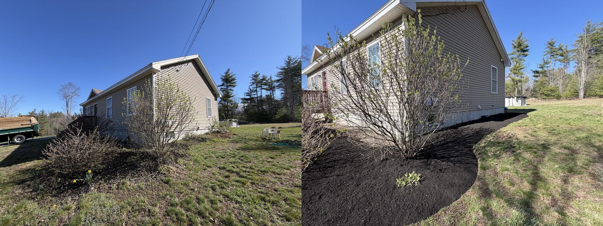 Two beige buildings on a grassy embankment under a clear blue sky