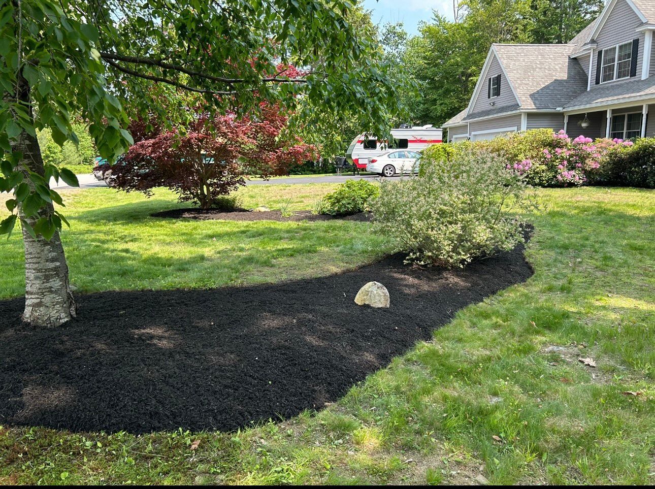 Lawn with black mulch around trees and bushes in front of a house.