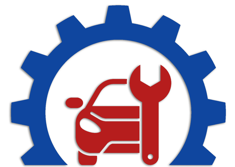 A blue gear with a car and a wrench inside of it