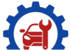 A blue gear with a car and a wrench inside of it