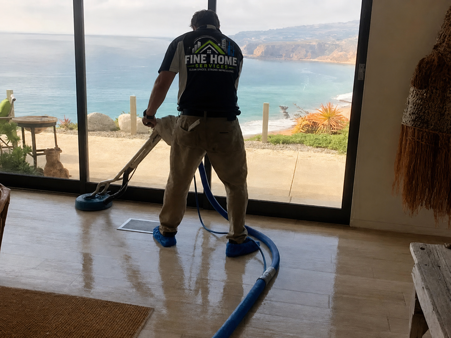 Person vacuuming a glossy floor inside a seaside home, with ocean view through large windows.