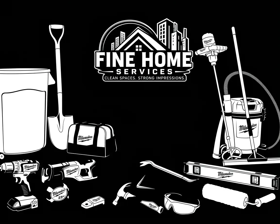 Fine Home Services logo with home repair tools, paint bucket, ladder, and cleaning supplies on black background