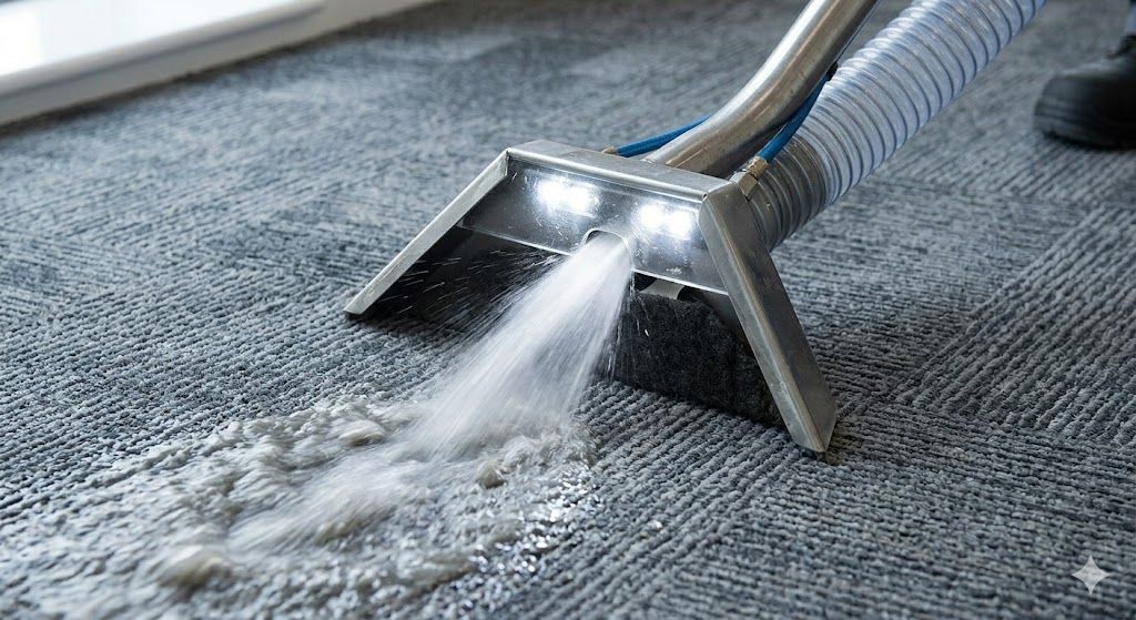 Carpet cleaning nozzle spraying water on a gray carpet during deep cleaning